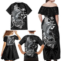 Guam Blue Marlin Fishing Family Matching Off Shoulder Maxi Dress and Hawaiian Shirt Guahan Fish Hook Tattoo Black Version LT14 - Polynesian Pride