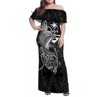 Guam Blue Marlin Fishing Family Matching Off Shoulder Maxi Dress and Hawaiian Shirt Guahan Fish Hook Tattoo Black Version LT14 Mom's Dress Black - Polynesian Pride