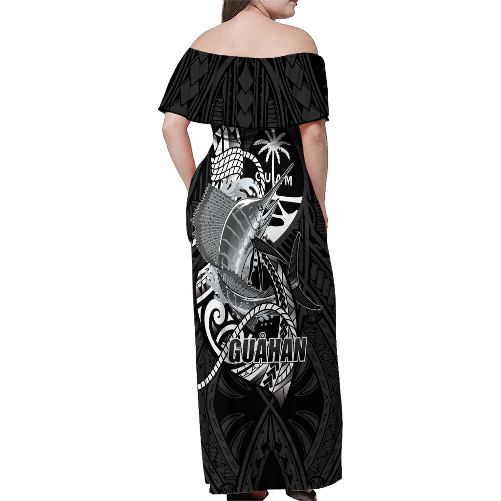 Guam Blue Marlin Fishing Family Matching Off Shoulder Maxi Dress and Hawaiian Shirt Guahan Fish Hook Tattoo Black Version LT14 - Polynesian Pride