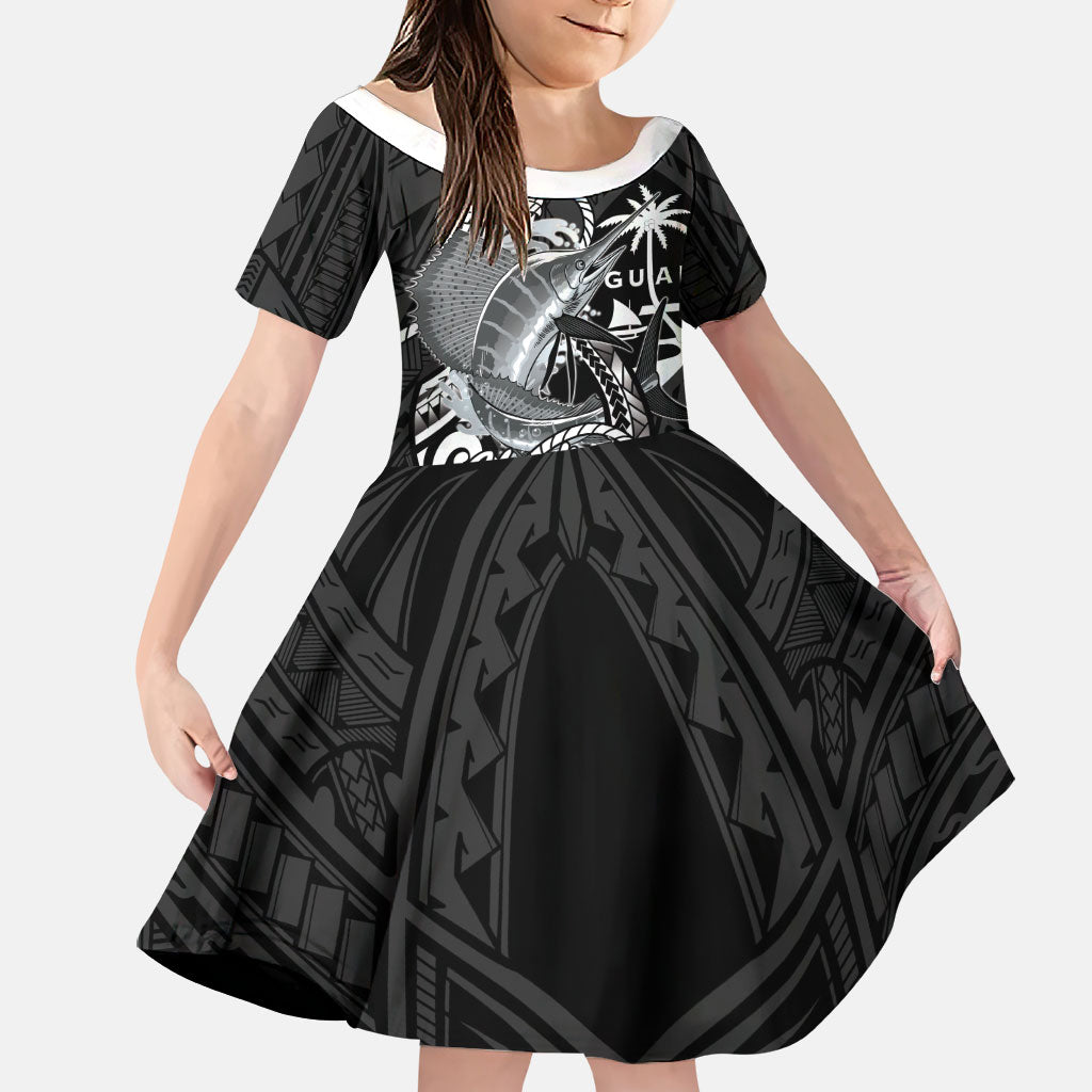 Guam Blue Marlin Fishing Family Matching Off Shoulder Short Dress and Hawaiian Shirt Guahan Fish Hook Tattoo Black Version LT14 Daughter's Dress Black - Polynesian Pride