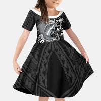 Guam Blue Marlin Fishing Family Matching Off Shoulder Short Dress and Hawaiian Shirt Guahan Fish Hook Tattoo Black Version LT14 Daughter's Dress Black - Polynesian Pride