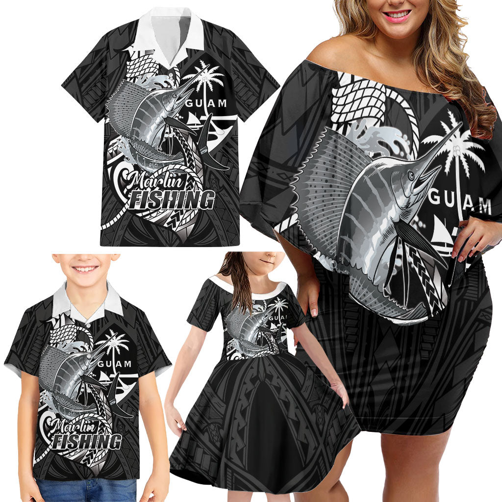 Guam Blue Marlin Fishing Family Matching Off Shoulder Short Dress and Hawaiian Shirt Guahan Fish Hook Tattoo Black Version LT14 - Polynesian Pride