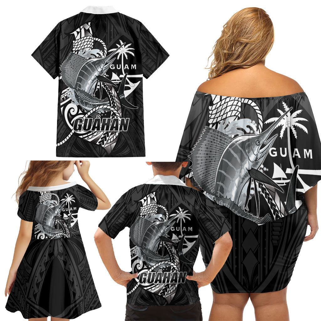 Guam Blue Marlin Fishing Family Matching Off Shoulder Short Dress and Hawaiian Shirt Guahan Fish Hook Tattoo Black Version LT14 - Polynesian Pride