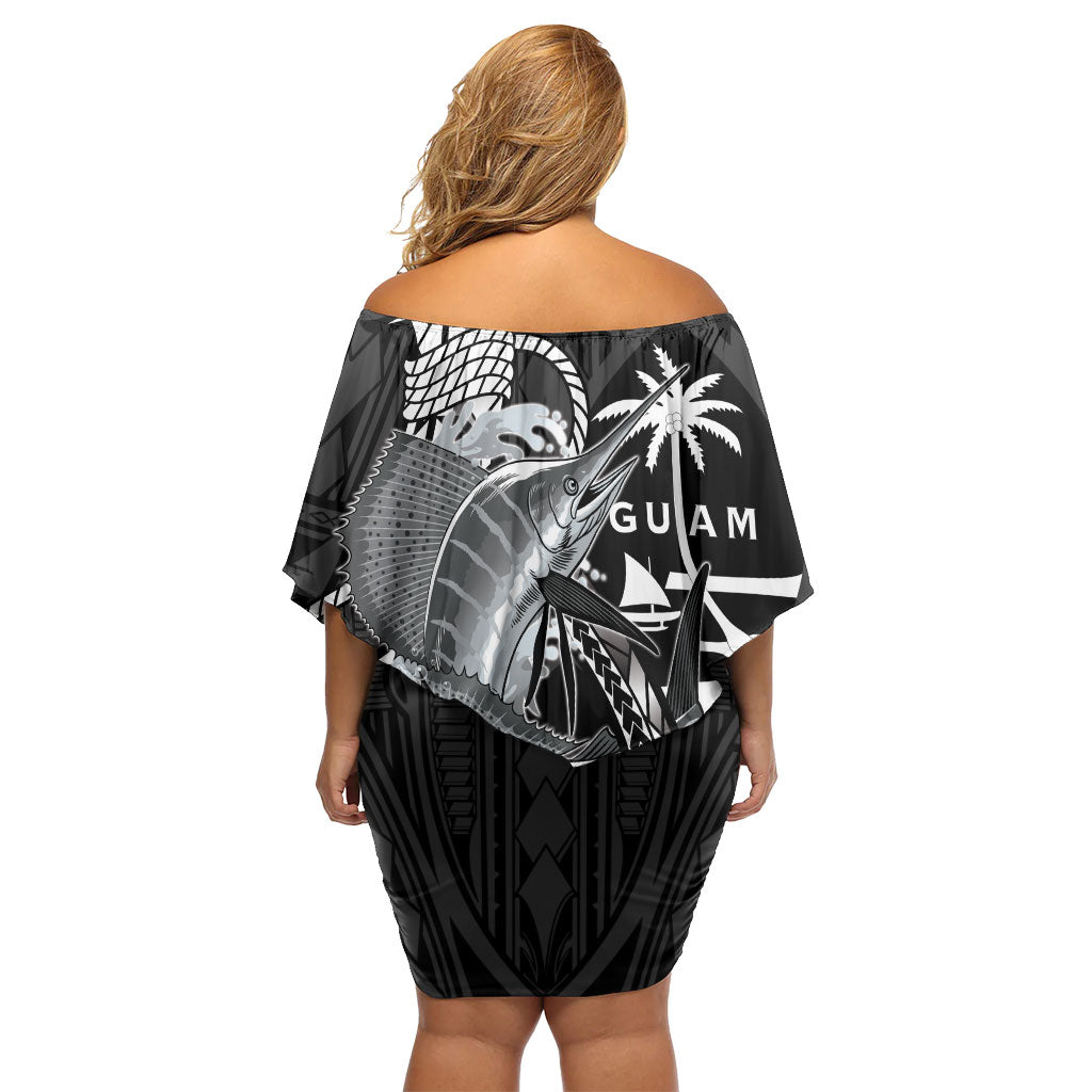 Guam Blue Marlin Fishing Family Matching Off Shoulder Short Dress and Hawaiian Shirt Guahan Fish Hook Tattoo Black Version LT14 - Polynesian Pride