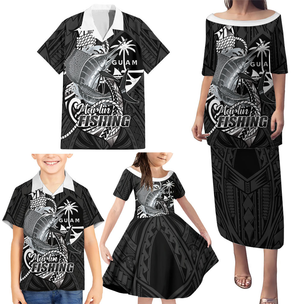 Guam Blue Marlin Fishing Family Matching Puletasi and Hawaiian Shirt Guahan Fish Hook Tattoo Black Version