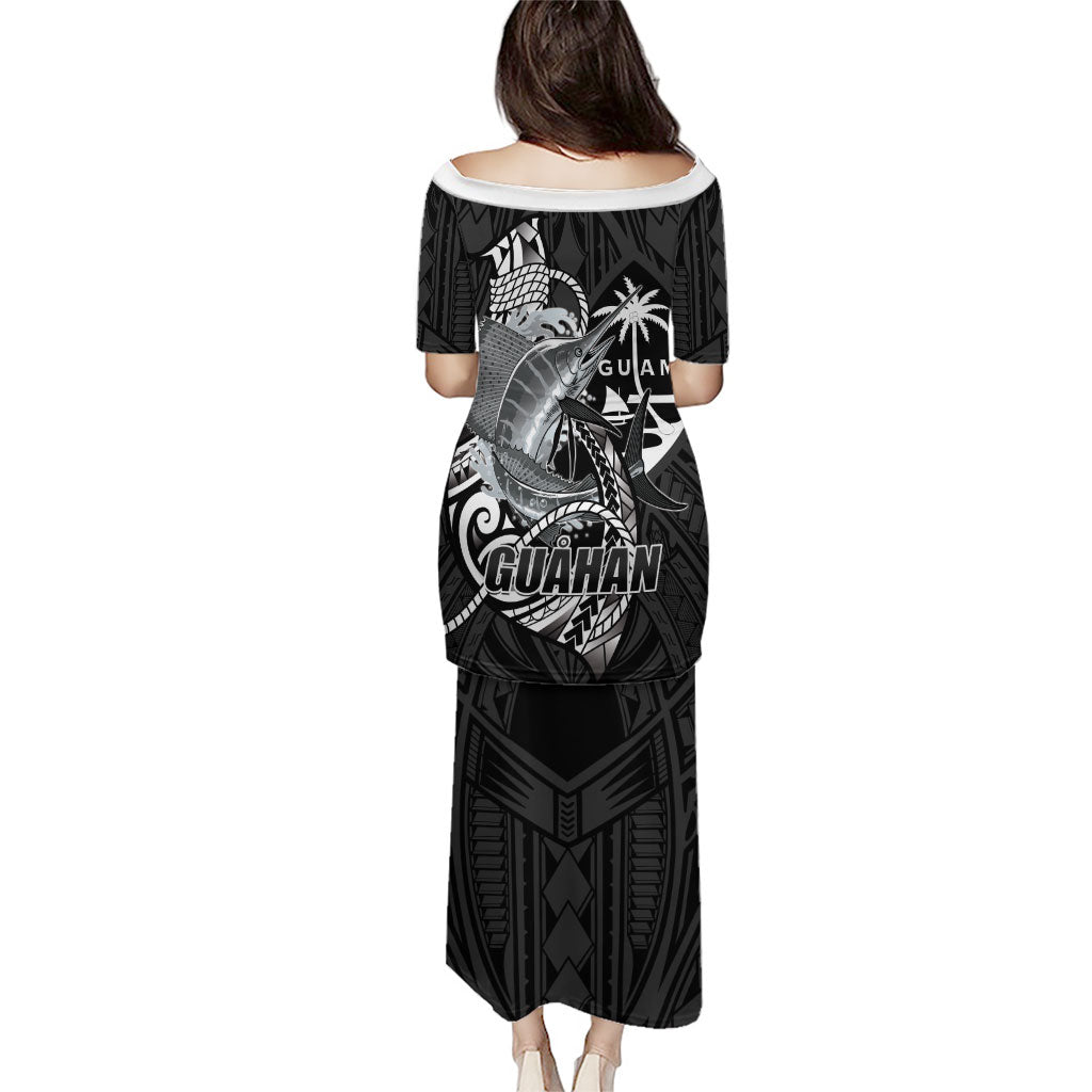 Guam Blue Marlin Fishing Family Matching Puletasi and Hawaiian Shirt Guahan Fish Hook Tattoo Black Version LT14 - Polynesian Pride