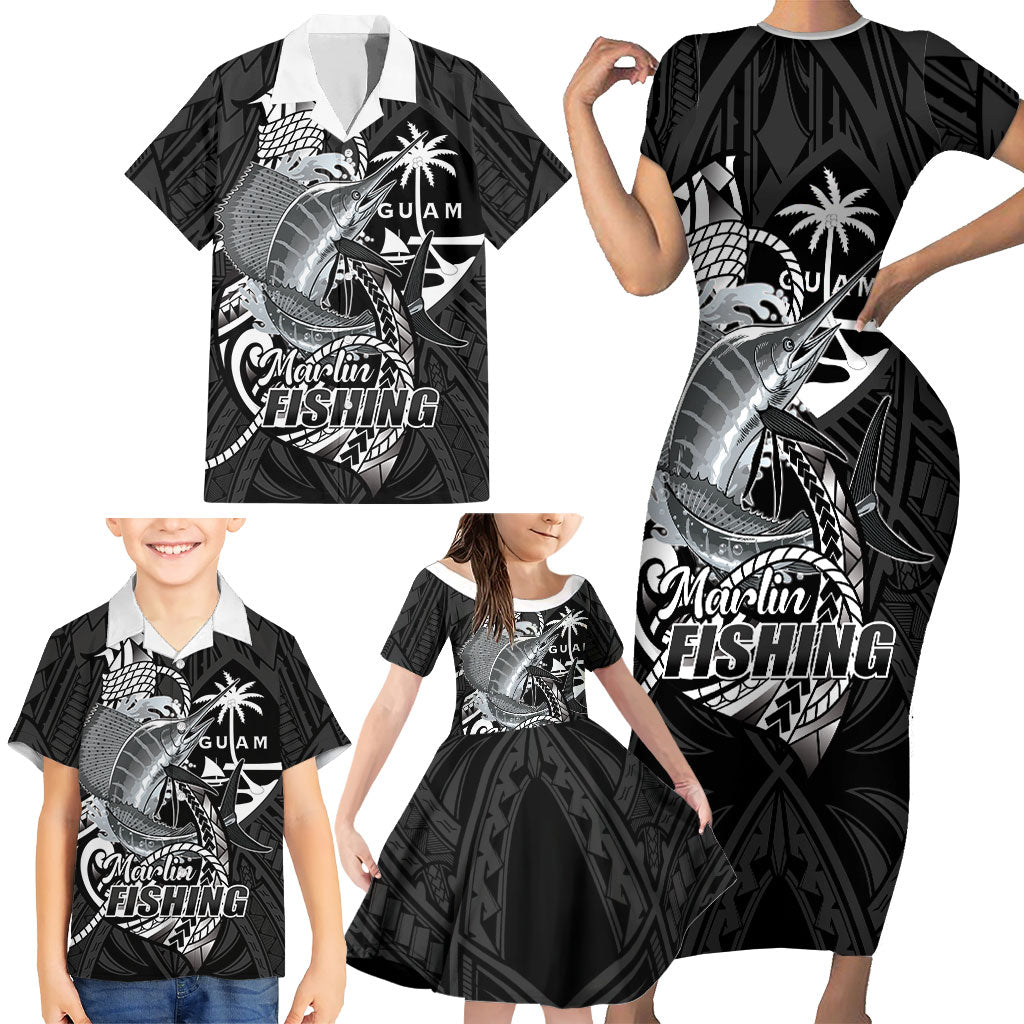 Guam Blue Marlin Fishing Family Matching Short Sleeve Bodycon Dress and Hawaiian Shirt Guahan Fish Hook Tattoo Black Version LT14 - Polynesian Pride