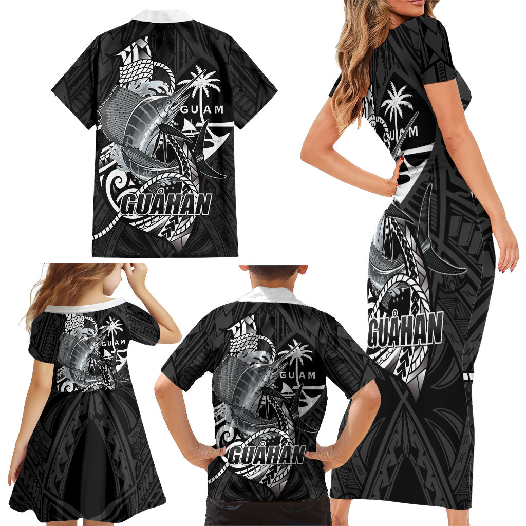 Guam Blue Marlin Fishing Family Matching Short Sleeve Bodycon Dress and Hawaiian Shirt Guahan Fish Hook Tattoo Black Version LT14 - Polynesian Pride