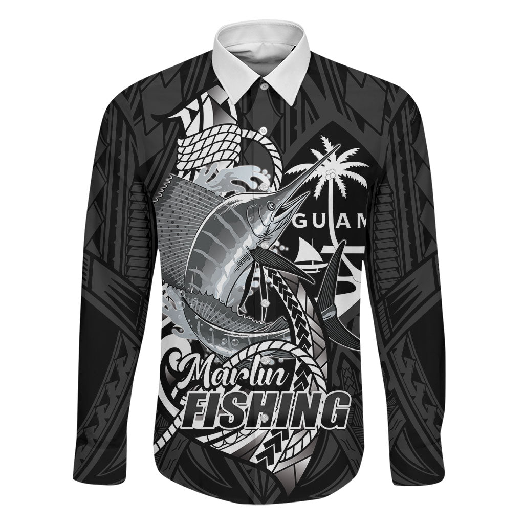 Guam Blue Marlin Fishing Family Matching Short Sleeve Bodycon Dress and Hawaiian Shirt Guahan Fish Hook Tattoo Black Version LT14 Dad's Shirt - Long Sleeve Black - Polynesian Pride