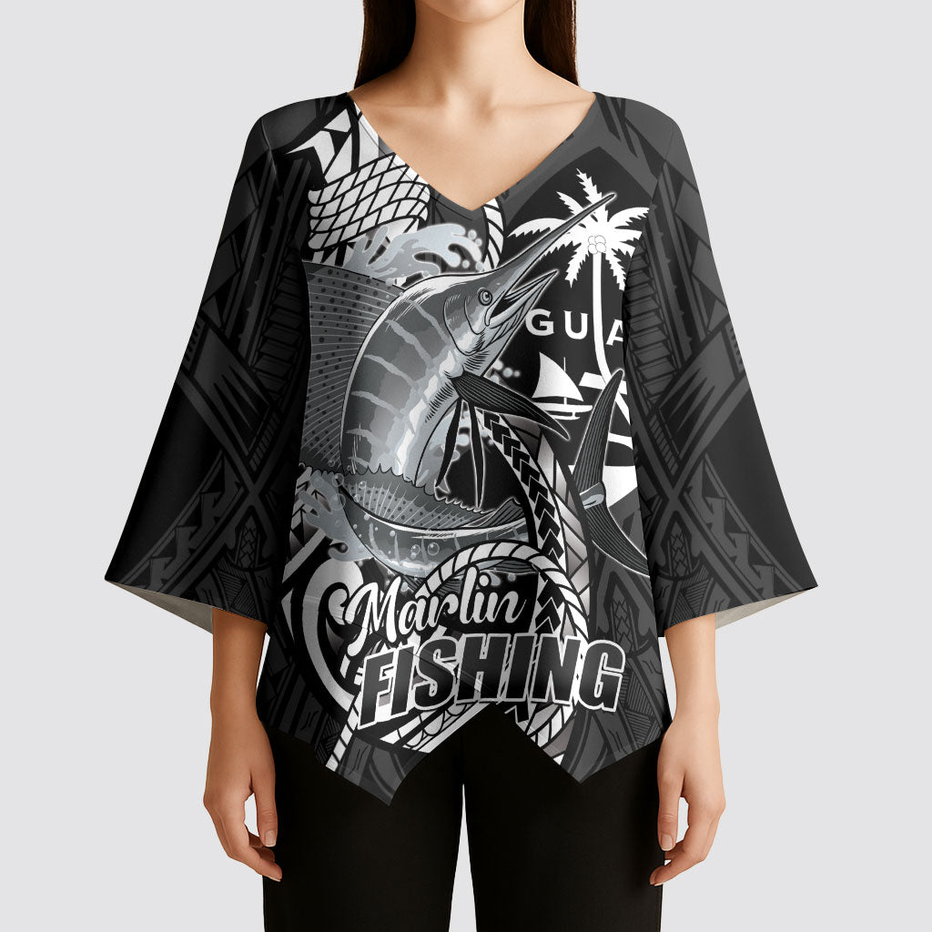 Guam Blue Marlin Fishing Kimono Sleeve Blouse Guahan Fish Hook Tattoo Black Version