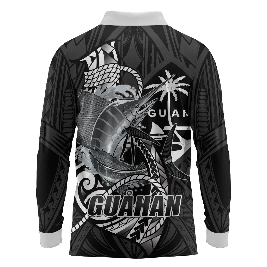 Guam Blue Marlin Fishing Long Sleeve Polo Shirt Guahan Fish Hook Tattoo Black Version