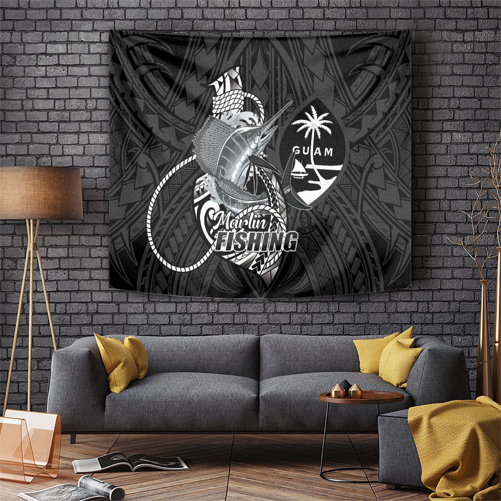Guam Blue Marlin Fishing Tapestry Guahan Fish Hook Tattoo Black Version