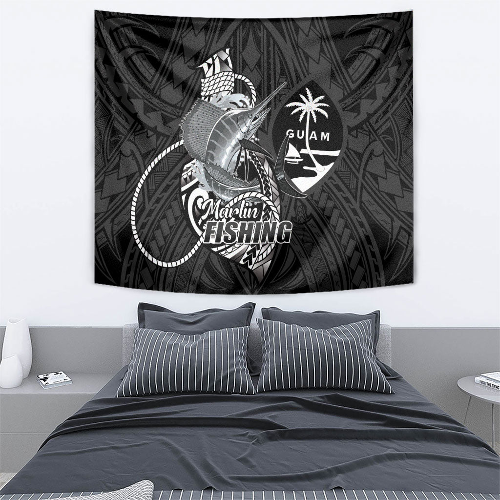 Guam Blue Marlin Fishing Tapestry Guahan Fish Hook Tattoo Black Version