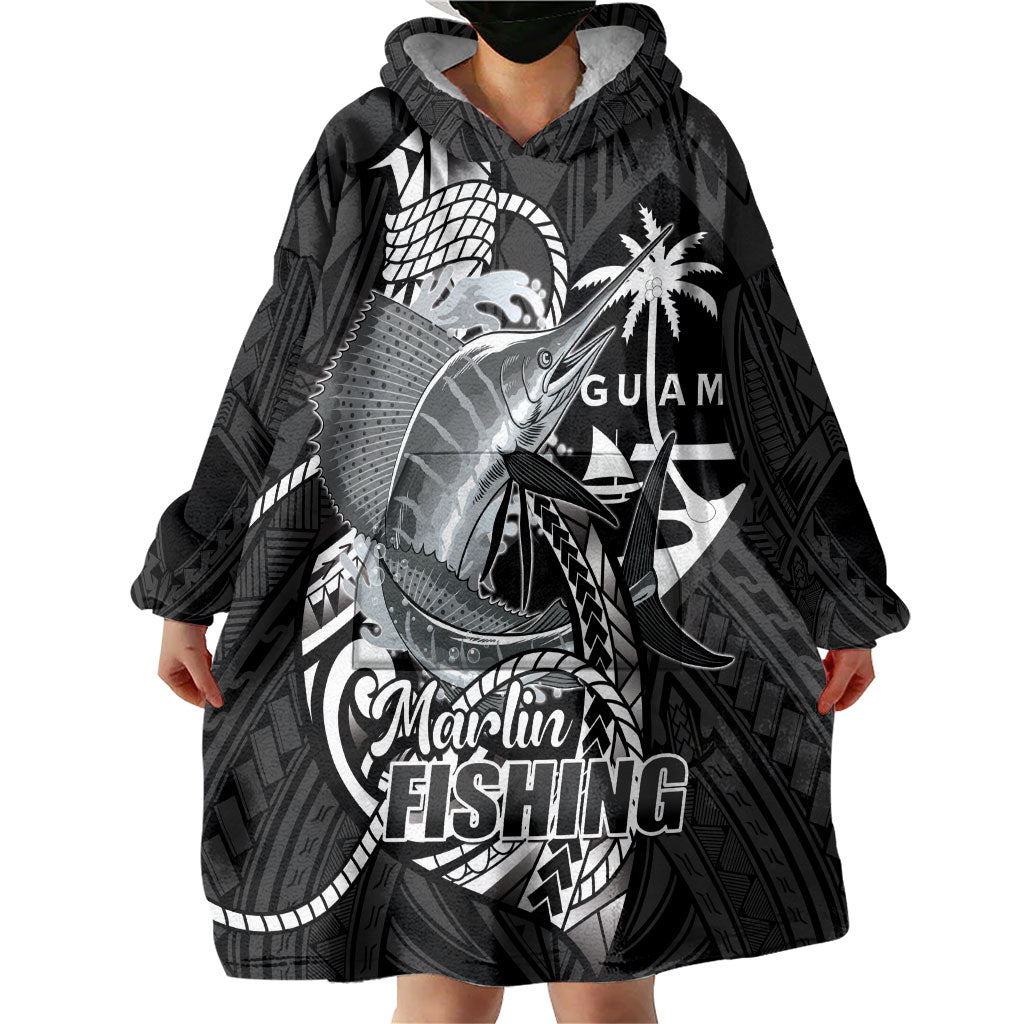 Guam Blue Marlin Fishing Wearable Blanket Hoodie Guahan Fish Hook Tattoo Black Version