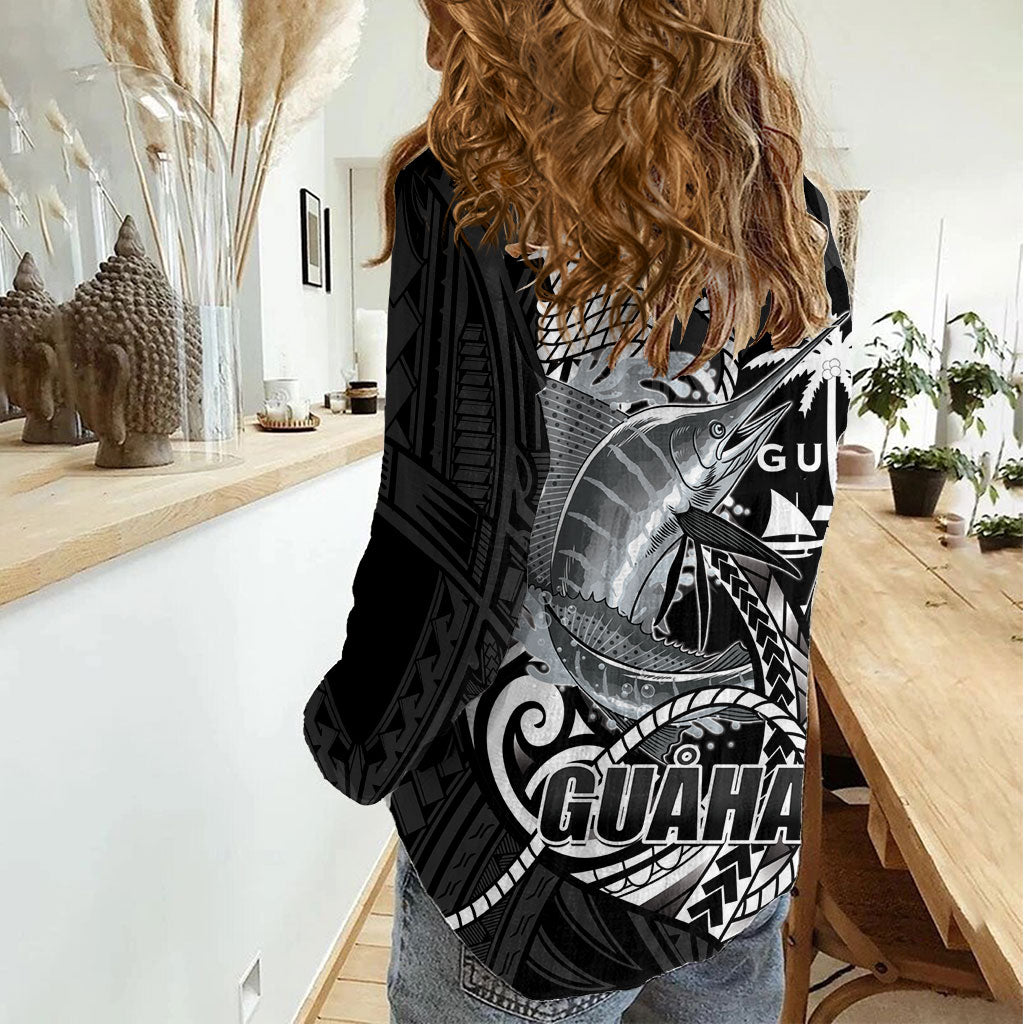 Guam Blue Marlin Fishing Women Casual Shirt Guahan Fish Hook Tattoo Black Version