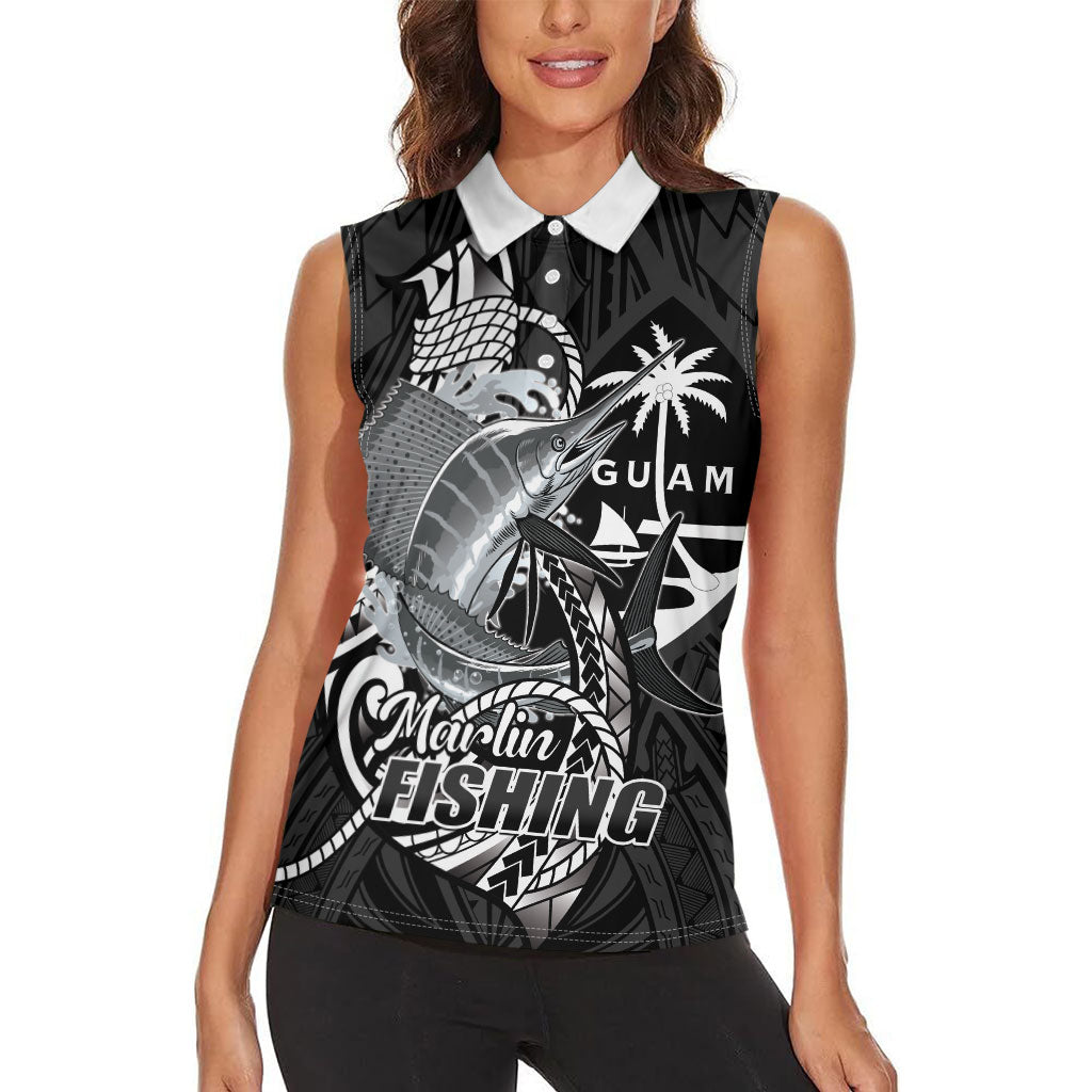 Guam Blue Marlin Fishing Women Sleeveless Polo Shirt Guahan Fish Hook Tattoo Black Version