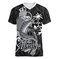 Guam Blue Marlin Fishing Women V-Neck T-Shirt Guahan Fish Hook Tattoo Black Version