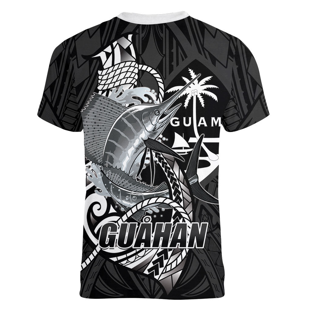 Guam Blue Marlin Fishing Women V-Neck T-Shirt Guahan Fish Hook Tattoo Black Version