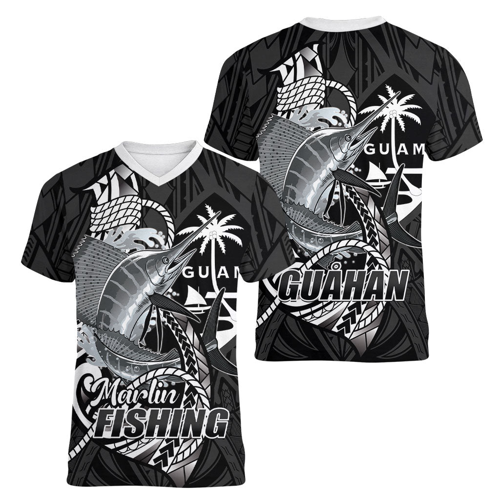 Guam Blue Marlin Fishing Women V-Neck T-Shirt Guahan Fish Hook Tattoo Black Version