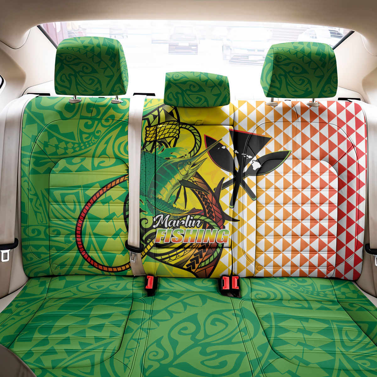 Hawaii Blue Marlin Fishing Back Car Seat Cover Hawaiian Kanaka Kakau Reggae