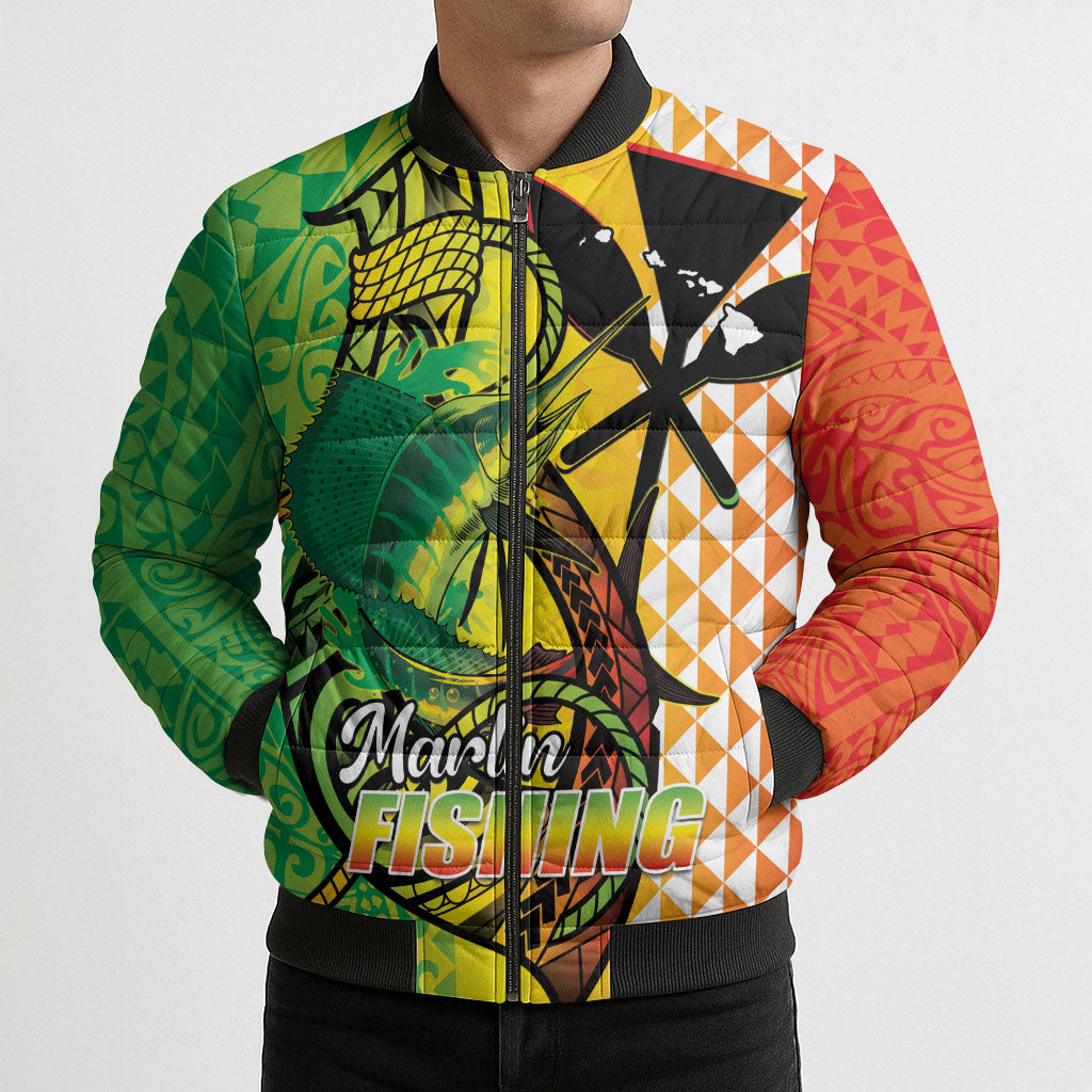 Hawaii Blue Marlin Fishing Bomber Puffer Jacket Hawaiian Kanaka Kakau Reggae