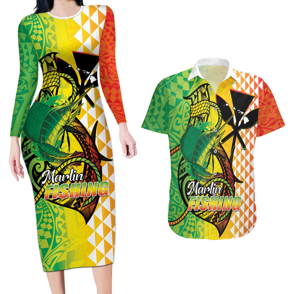Hawaii Blue Marlin Fishing Couples Matching Long Sleeve Bodycon Dress and Hawaiian Shirt Hawaiian Kanaka Kakau Reggae