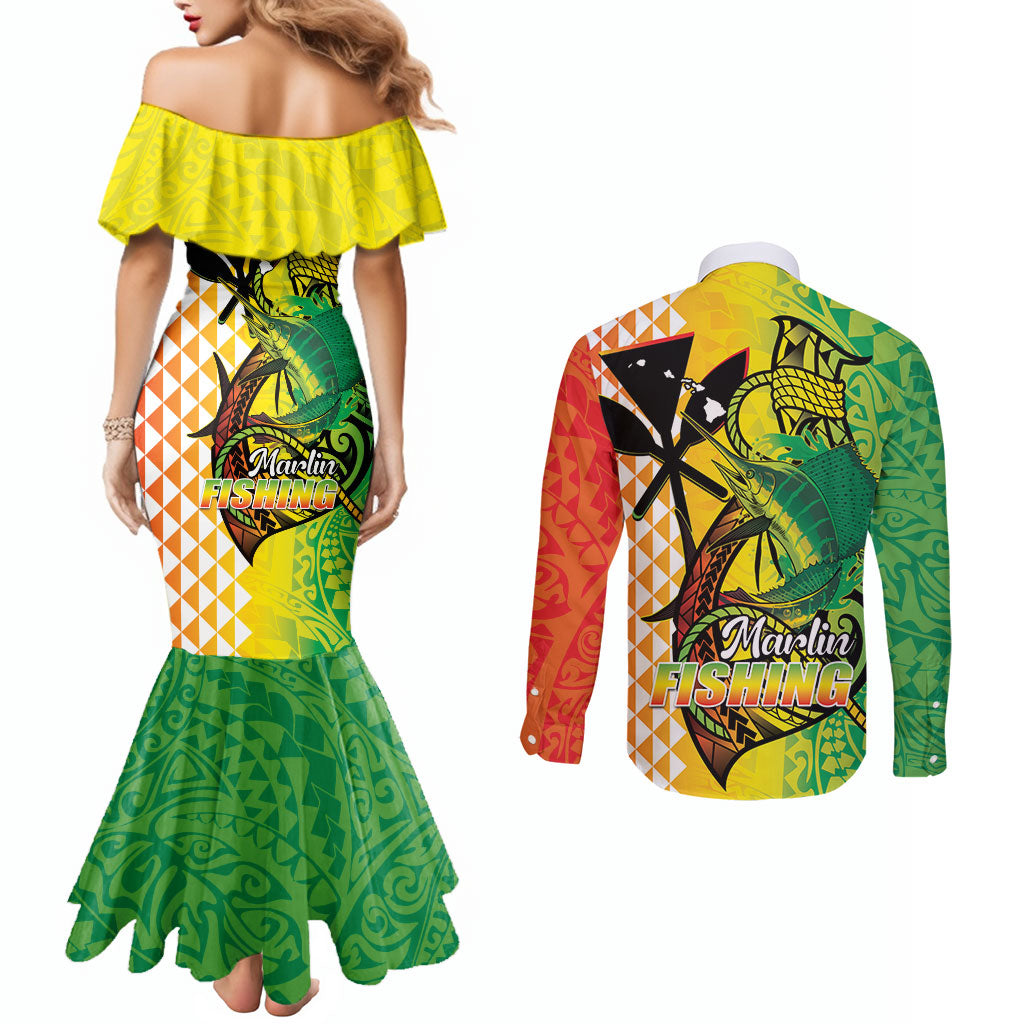 Hawaii Blue Marlin Fishing Couples Matching Mermaid Dress and Long Sleeve Button Shirt Hawaiian Kanaka Kakau Reggae LT14 - Polynesian Pride