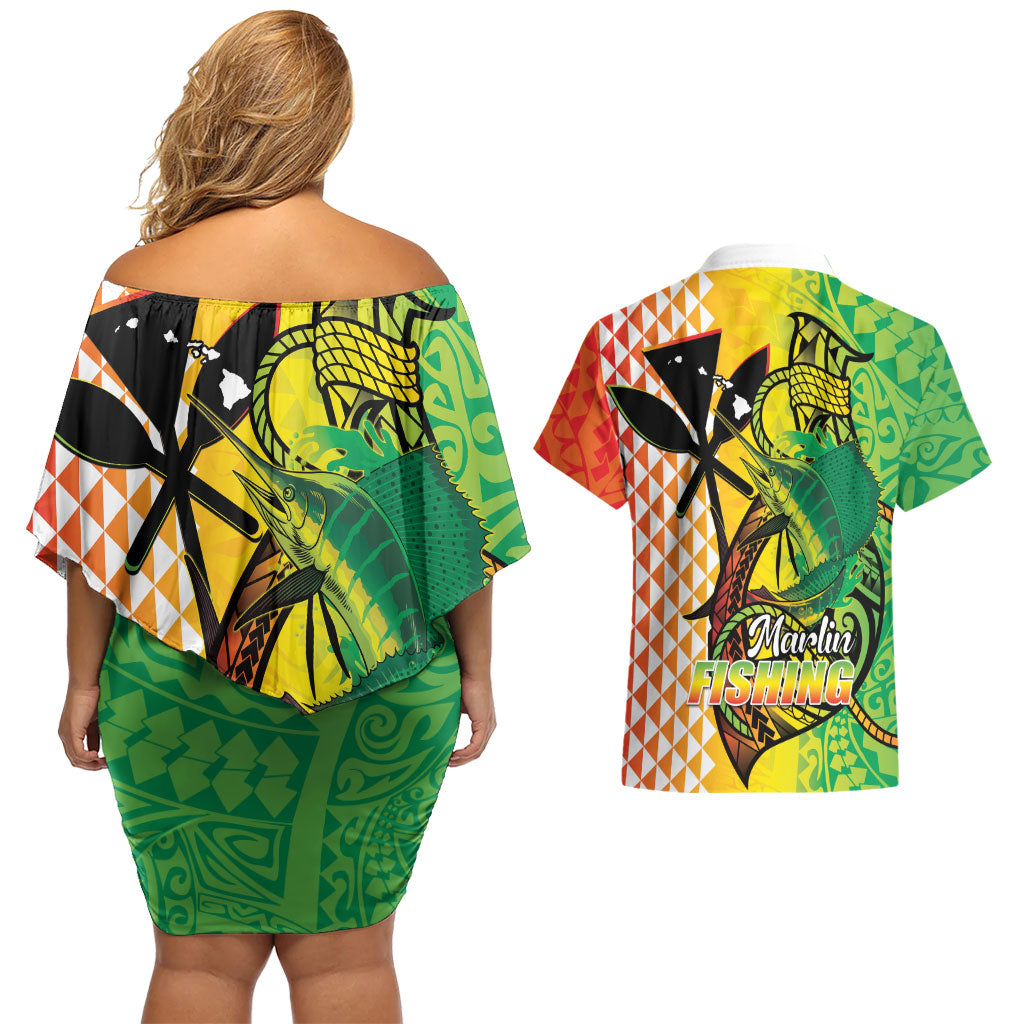 Hawaii Blue Marlin Fishing Couples Matching Off Shoulder Short Dress and Hawaiian Shirt Hawaiian Kanaka Kakau Reggae LT14 - Polynesian Pride