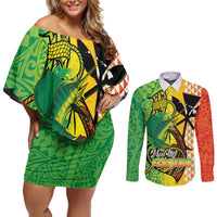 Hawaii Blue Marlin Fishing Couples Matching Off Shoulder Short Dress and Long Sleeve Button Shirt Hawaiian Kanaka Kakau Reggae LT14 Reggae - Polynesian Pride