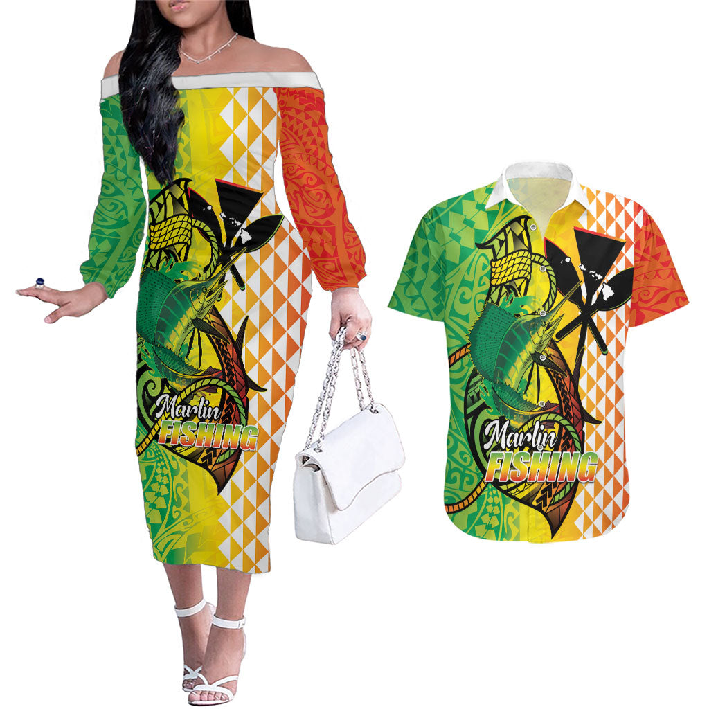 Hawaii Blue Marlin Fishing Couples Matching Off The Shoulder Long Sleeve Dress and Hawaiian Shirt Hawaiian Kanaka Kakau Reggae