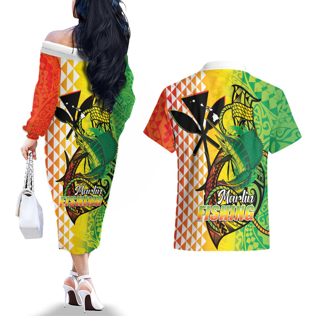 Hawaii Blue Marlin Fishing Couples Matching Off The Shoulder Long Sleeve Dress and Hawaiian Shirt Hawaiian Kanaka Kakau Reggae LT14 - Polynesian Pride