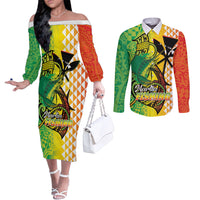 Hawaii Blue Marlin Fishing Couples Matching Off The Shoulder Long Sleeve Dress and Long Sleeve Button Shirt Hawaiian Kanaka Kakau Reggae LT14 Reggae - Polynesian Pride