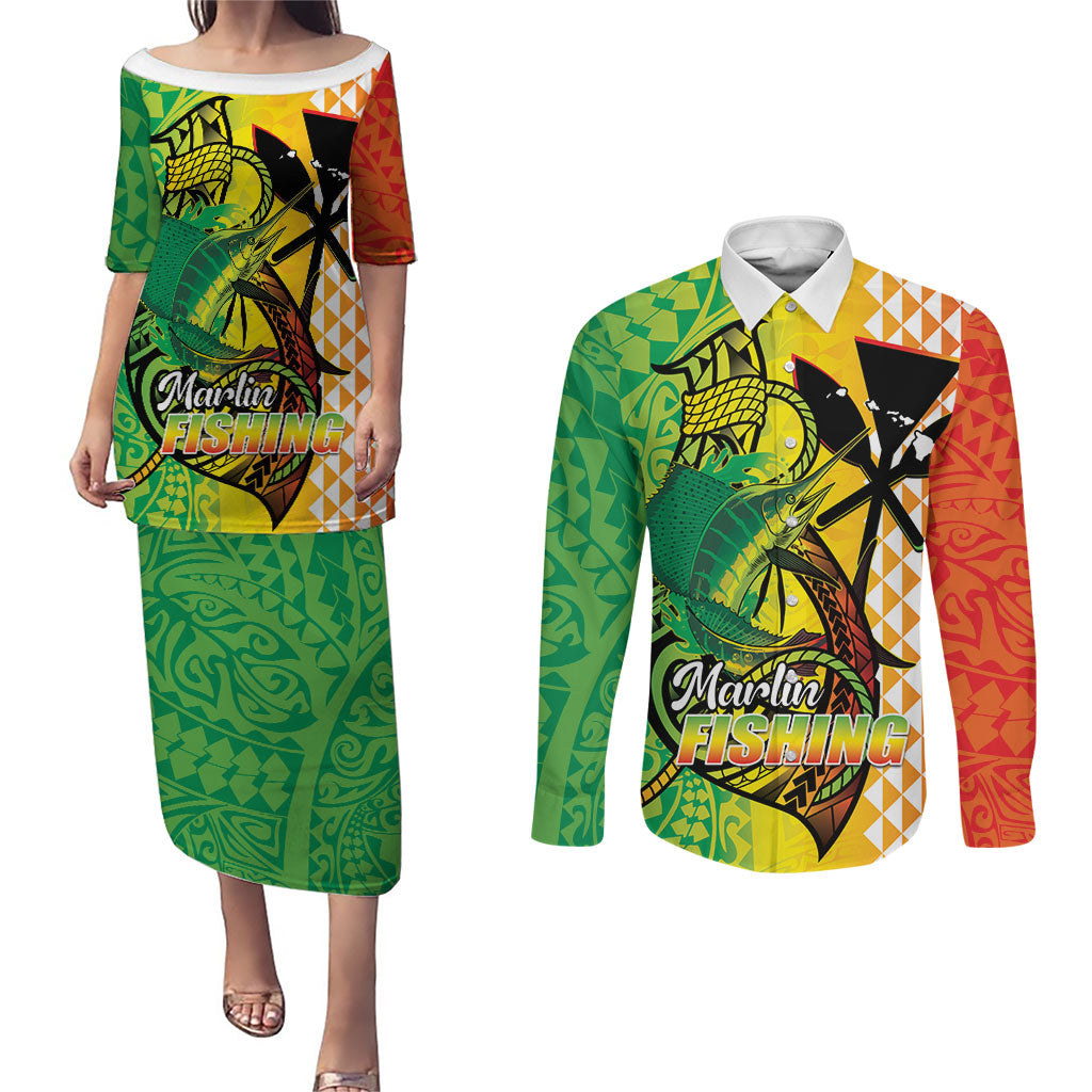 Hawaii Blue Marlin Fishing Couples Matching Puletasi and Long Sleeve Button Shirt Hawaiian Kanaka Kakau Reggae