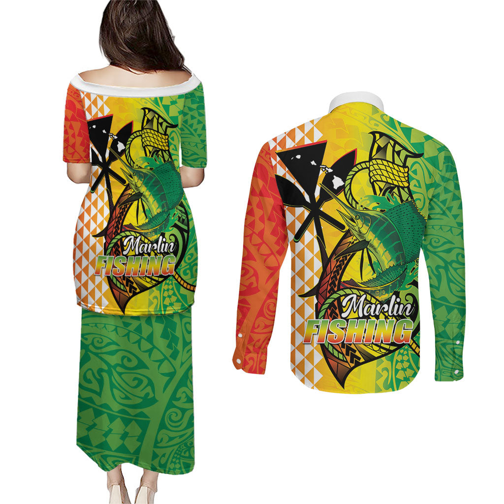 Hawaii Blue Marlin Fishing Couples Matching Puletasi and Long Sleeve Button Shirt Hawaiian Kanaka Kakau Reggae