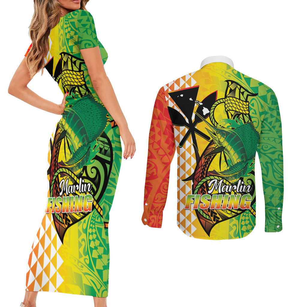 Hawaii Blue Marlin Fishing Couples Matching Short Sleeve Bodycon Dress and Long Sleeve Button Shirt Hawaiian Kanaka Kakau Reggae LT14 - Polynesian Pride