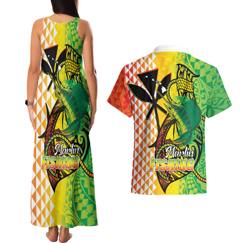 Hawaii Blue Marlin Fishing Couples Matching Tank Maxi Dress and Hawaiian Shirt Hawaiian Kanaka Kakau Reggae LT14 - Polynesian Pride