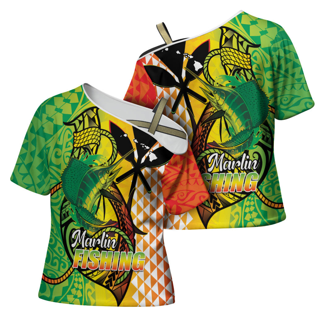Hawaii Blue Marlin Fishing Cross Shoulder Shirt Hawaiian Kanaka Kakau Reggae