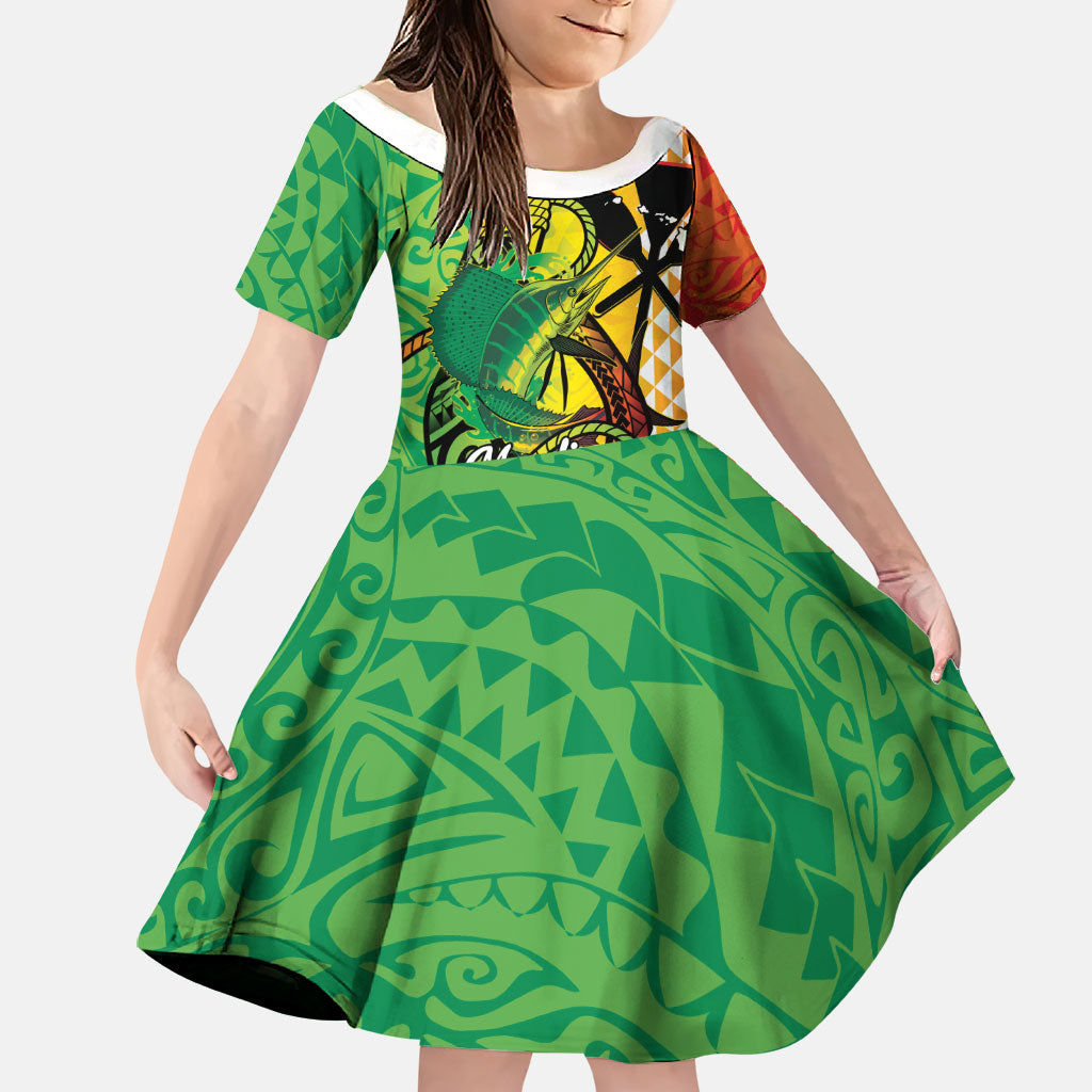 Hawaii Blue Marlin Fishing Family Matching Long Sleeve Bodycon Dress and Hawaiian Shirt Hawaiian Kanaka Kakau Reggae LT14 Daughter's Dress Reggae - Polynesian Pride