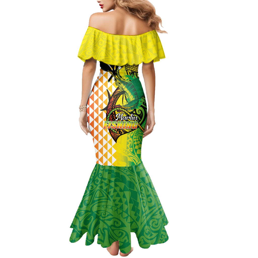Hawaii Blue Marlin Fishing Family Matching Mermaid Dress and Hawaiian Shirt Hawaiian Kanaka Kakau Reggae LT14 - Polynesian Pride