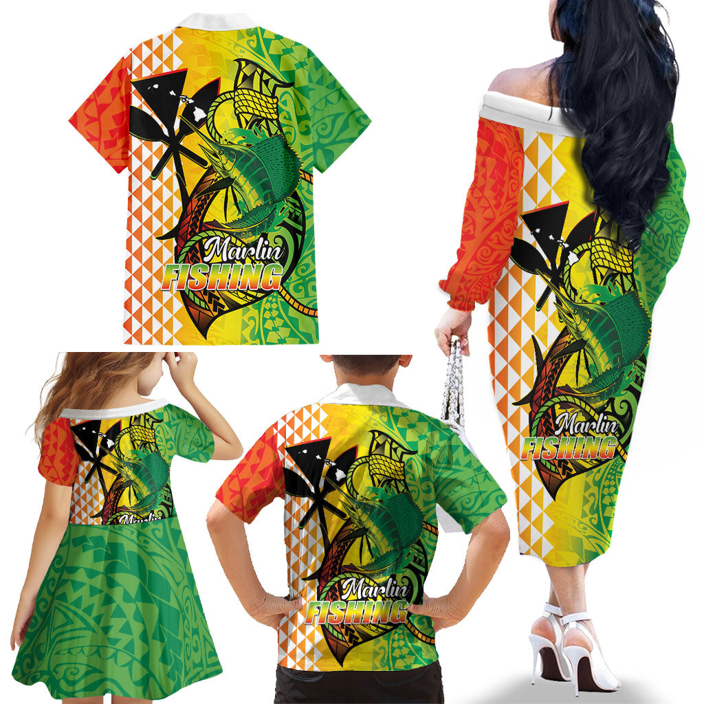 Hawaii Blue Marlin Fishing Family Matching Off The Shoulder Long Sleeve Dress and Hawaiian Shirt Hawaiian Kanaka Kakau Reggae LT14 - Polynesian Pride