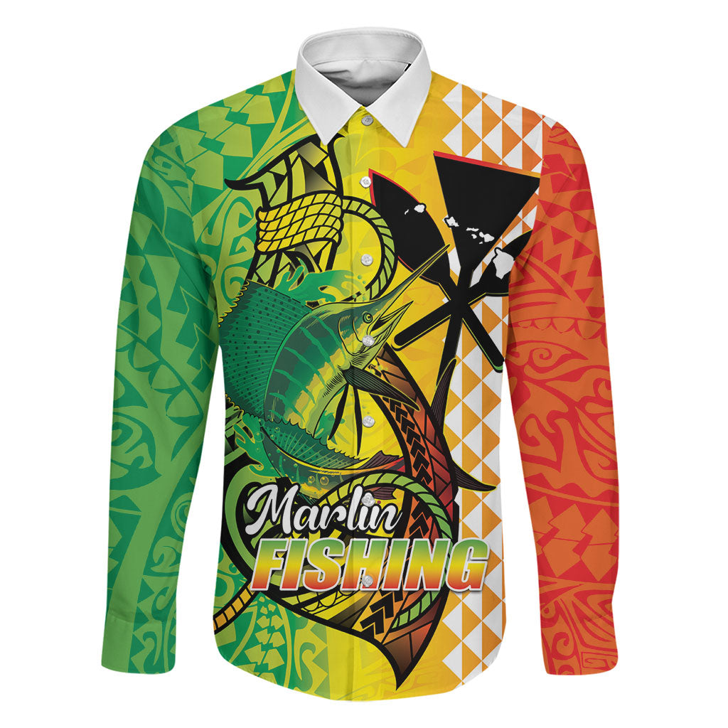 Hawaii Blue Marlin Fishing Family Matching Off Shoulder Maxi Dress and Hawaiian Shirt Hawaiian Kanaka Kakau Reggae LT14 Dad's Shirt - Long Sleeve Reggae - Polynesian Pride