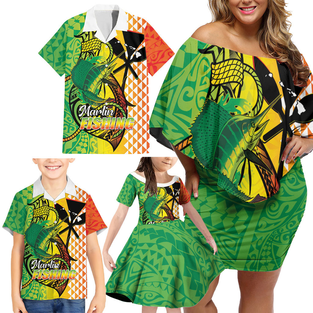 Hawaii Blue Marlin Fishing Family Matching Off Shoulder Short Dress and Hawaiian Shirt Hawaiian Kanaka Kakau Reggae LT14 - Polynesian Pride