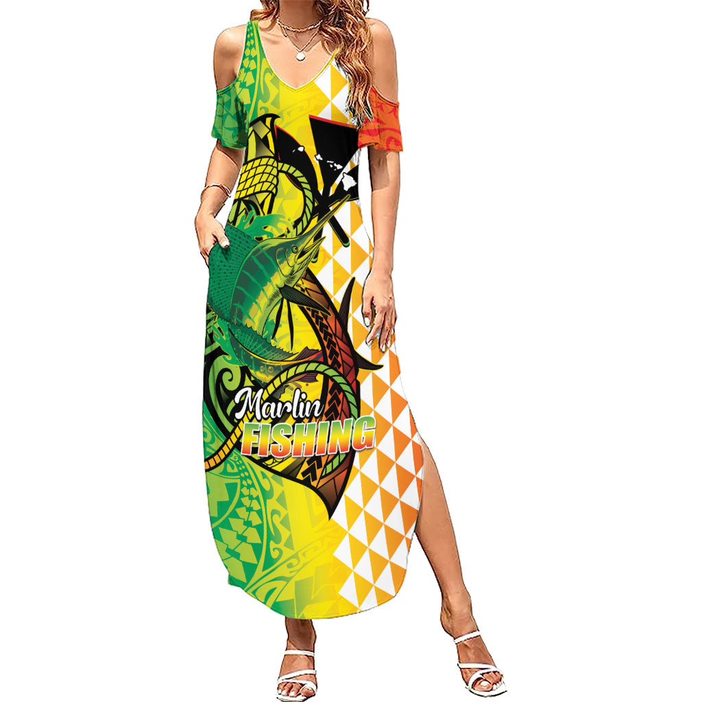 Hawaii Blue Marlin Fishing Family Matching Summer Maxi Dress and Hawaiian Shirt Hawaiian Kanaka Kakau Reggae LT14 Mom's Dress Reggae - Polynesian Pride