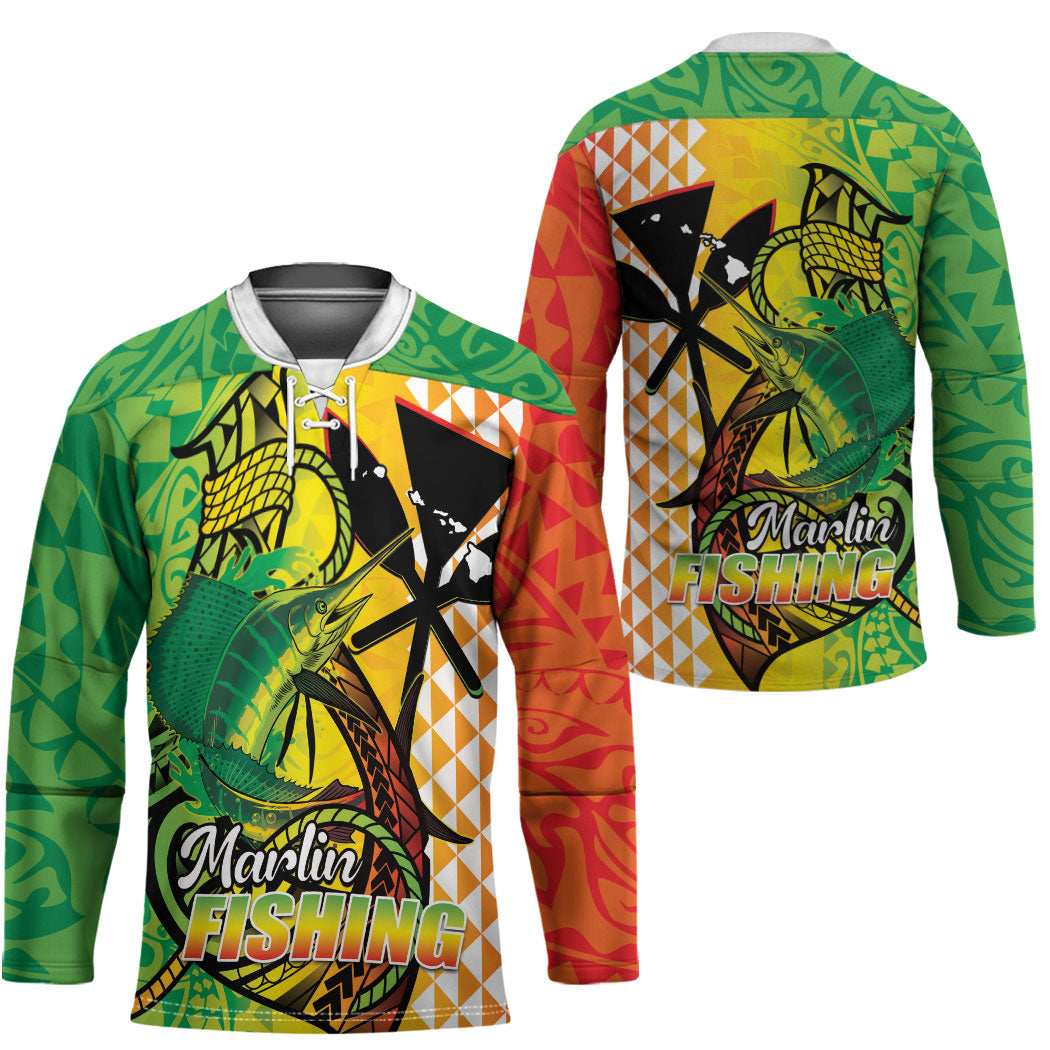 Hawaii Blue Marlin Fishing Hockey Jersey Hawaiian Kanaka Kakau Reggae