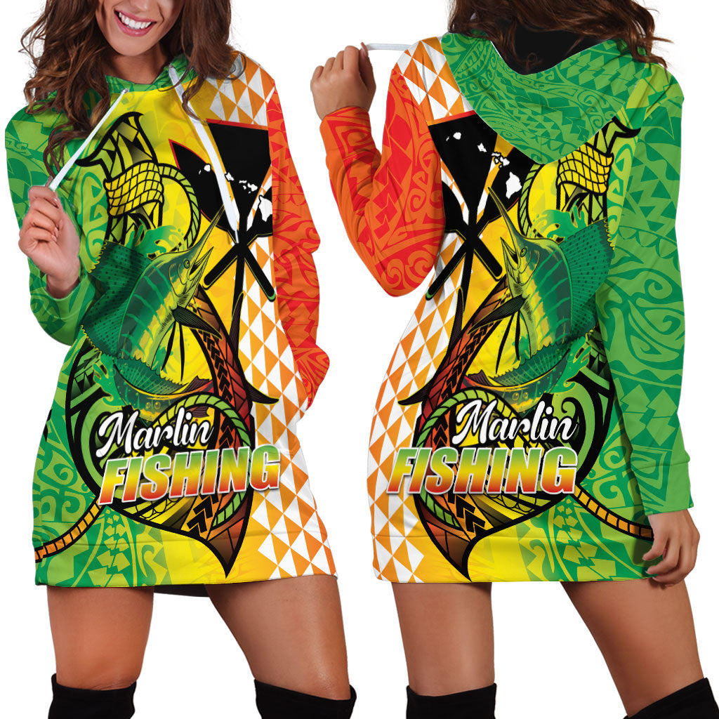 Hawaii Blue Marlin Fishing Hoodie Dress Hawaiian Kanaka Kakau Reggae