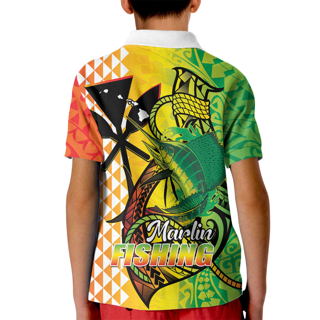 Hawaii Blue Marlin Fishing Kid Polo Shirt Hawaiian Kanaka Kakau Reggae