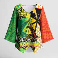 Hawaii Blue Marlin Fishing Kimono Sleeve Blouse Hawaiian Kanaka Kakau Reggae