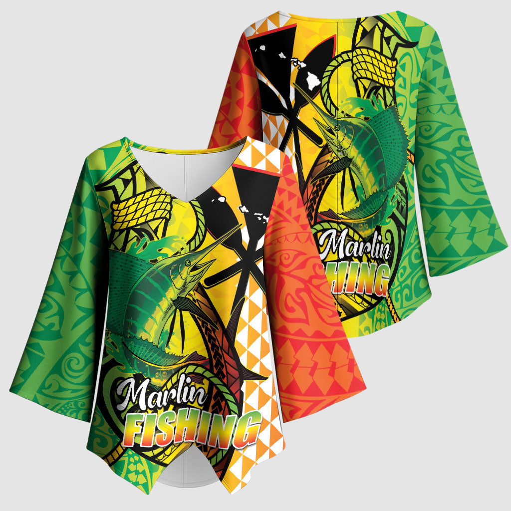 Hawaii Blue Marlin Fishing Kimono Sleeve Blouse Hawaiian Kanaka Kakau Reggae