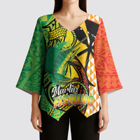 Hawaii Blue Marlin Fishing Kimono Sleeve Blouse Hawaiian Kanaka Kakau Reggae