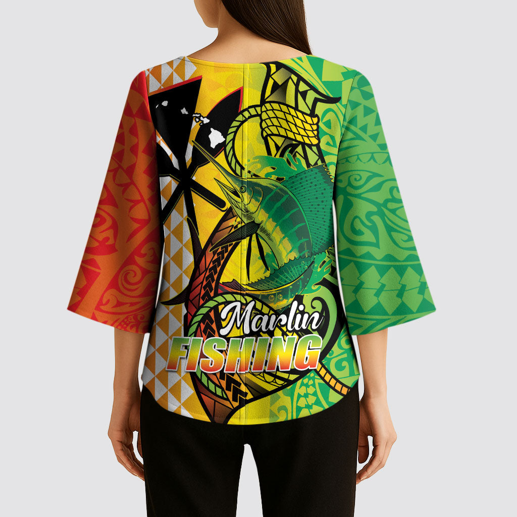 Hawaii Blue Marlin Fishing Kimono Sleeve Blouse Hawaiian Kanaka Kakau Reggae